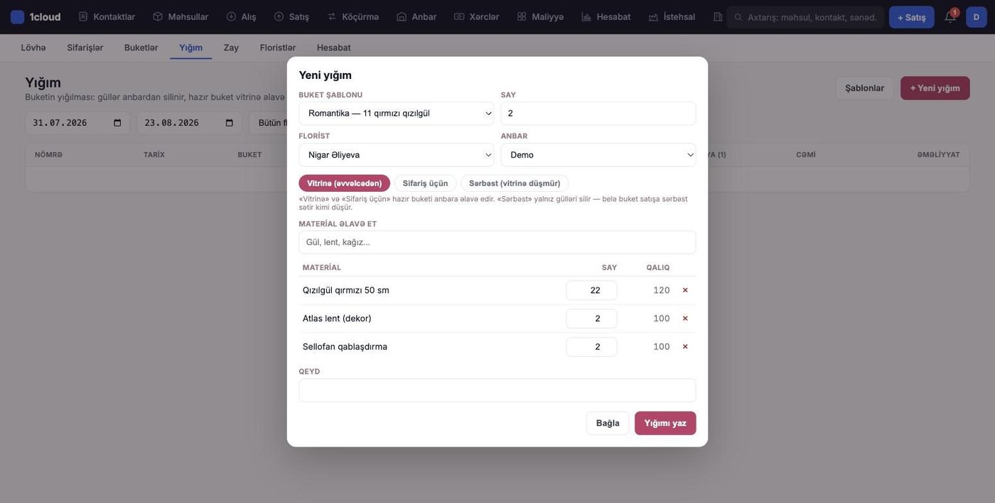 Yeni yığım pəncərəsi — şablon, florist, rejim və materiallar