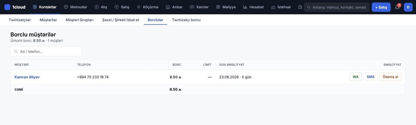 Borclu müştərilər — WA/SMS xatırlatma və Ödəniş al