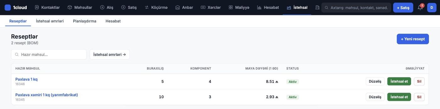 Reseptlər — buraxılış, komponent, maya dəyəri, İstehsal et