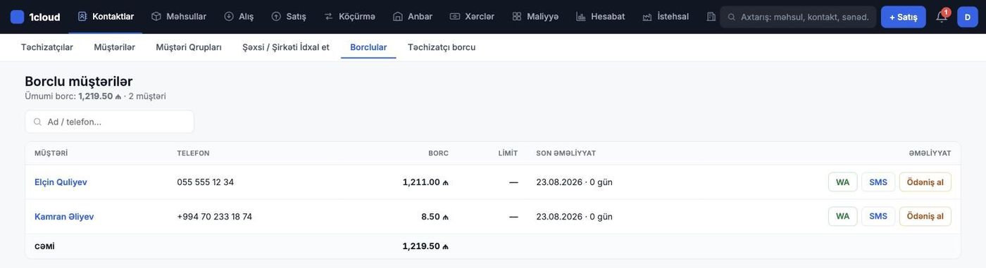 Borclular — WA/SMS xatırlatma və Ödəniş al